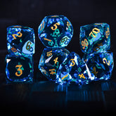 Faceted Blue Glass Dice Set – Handcrafted K9 Crystal RPG Dice with Golden Engravings for Dungeons & Dragons & Collectors